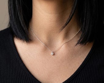 0.25 Carat Round Lab Grown Diamond Bezel Set Necklace, E-F VVS-VS Solitaire Diamond Wedding Necklace, 14K Gold Delicate Necklace for Women