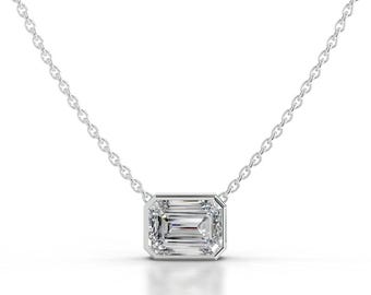2 Carat IGI Certified E/VVS2 Emerald Cut Lab Grown Diamond Bezel Set Pendant Necklace, 14K Gold Necklace, Wedding Anniversary Gift Necklace