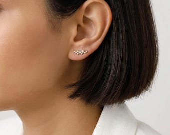 0.40 Carat Round Lab Grown Diamond Ear Climber Earrings, Lab Created Diamond Studs, 14k Gold Wedding Earrings, Minimalist Daily Wear Studs