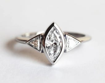 1.25 Carat D VVS2 Marquise & Triangle Cut Lab Grown Diamond Engagement Ring, IGI Certified Three Stone Ring, 14k Gold Wedding Ring For Her
