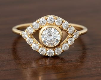 0.90 Carat E-F VVS-VS Round Lab Grown Diamond Evil Eye Ring, Minimalist Bezel Set Ring, Evil Eye Jewelry, Birthday Gift For Her, 14k Gold