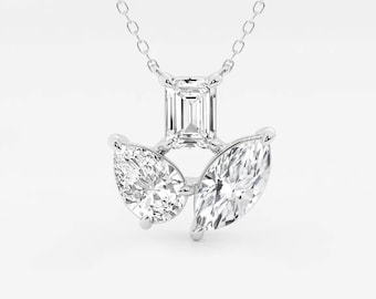 1.60 Carat Emerald, Pear & Marquise Cut Lab Grown Diamond Necklace, E-F VVS-VS Three Stone Necklace, 14k Gold Wedding Necklace For Women