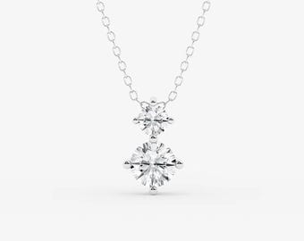 1.00 Carat Round Cut Lab Grown Diamond Two Stone Necklace, E-F VVS-VS Lab Created Diamond Necklace, 14k Gold Wedding Necklace For Women