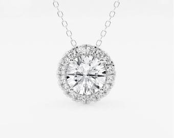1.80 Carat D VVS2 Round Cut Lab Grown Diamond Engagement Necklace, IGI Certified Solitaire Diamond Necklace, Halo Wedding Necklace For Women