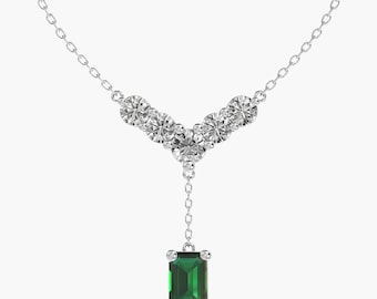0.95 Carat Emerald & Round Lab Grown Diamond Drop Necklace, E-F VVS-VS Diamond Wedding Necklace, 14K Gold Engagement Necklace for Women