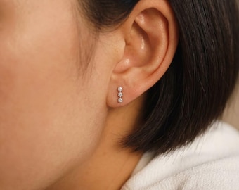 0.30 Carat Round Lab Grown Diamond Three Stone Stud Earrings, E-F VVS-VS Minimalist Diamond Studs, Daily Wear Earrings for Women, 14K Gold