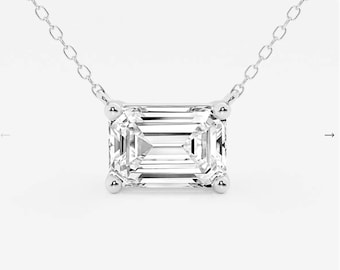 3.00 Carat East West Emerald Cut Lab Grown Diamond Engagement Necklace, IGI Certified E VVS2 Solitaire Diamond Necklace, 14k Gold Necklace