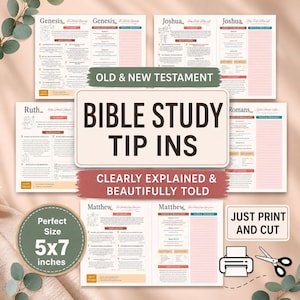 May include: A collection of printable Bible study tip-ins for the Old and New Testament featuring summaries, main events, and reflection sections. The sheets include text for Genesis, Joshua, Ruth, Romans, and Matthew. Includes a 5x7 inches label.