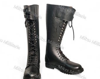 Men's Black Leather Knee High Lace Up Military Boots, Buckle Strap Combat Footwear
