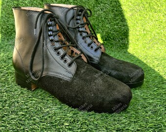 handmade Men's Black Leather Lace-Up Military Boots, Suede Toe, Studded Sole