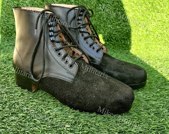 handmade Men's Black Leather Lace-Up Military Boots, Suede Toe, Studded Sole