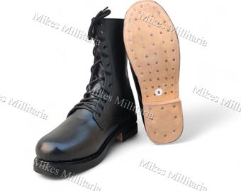 Black Leather Military Combat Boots, Lace-Up Studded Sole Work Footwear