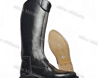 Botas de montaria masculinas de couro preto até o joelho, com zíper lateral, estilo equestre, feitas à mão e duráveis.