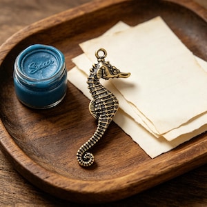 May include: A bronze seahorse charm with intricate detailing rests on a wooden tray next to a small jar of blue wax and a stack of aged paper. The seahorse has a loop for attaching to a necklace or bracelet.