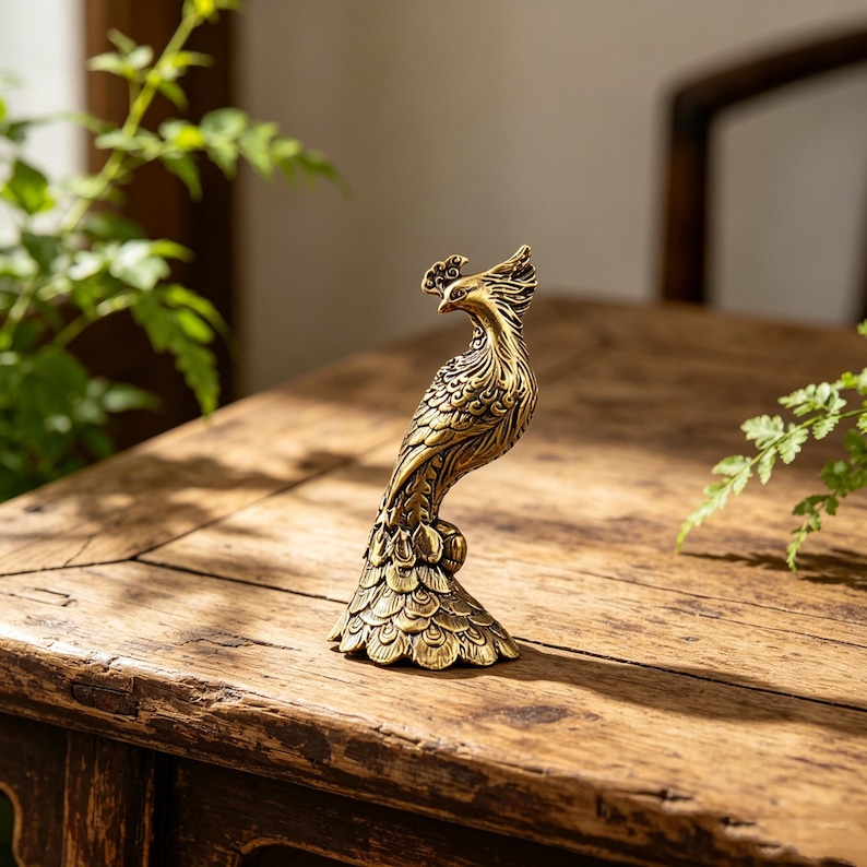 Puede incluir: Una figura de metal color lat&oacute;n de un f&eacute;nix con la cabeza erguida, el cuello curvado y un plumaje detallado en las alas y la cola. El ave se apoya sobre una base acampanada con patrones de plumas superpuestas y un acabado met&aacute;lico.