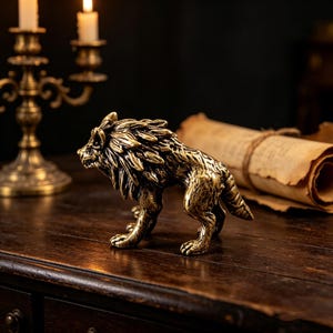 May include: A detailed bronze-colored wolf figurine in a walking pose. The sculpture has intricate detailing, with a textured mane and fur. The wolf is on a dark wooden surface, with a candle holder and rolled parchment in the background.