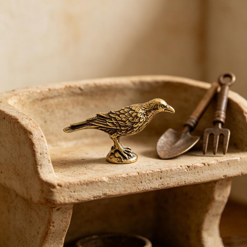 May include: A detailed brass bird figurine with textured feathers stands on a small pedestal. Beside it are miniature gardening tools: a shovel and a fork. The items rest on a weathered, light-brown, ceramic surface.