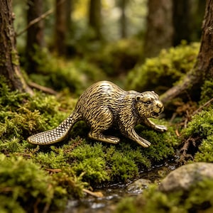 May include: A small, metallic gold-toned beaver figurine with detailed fur texture and a distinctively scaled tail. The sculpture is crafted with a realistic posture, showing the animal in a crouched position with its head turned slightly forward.