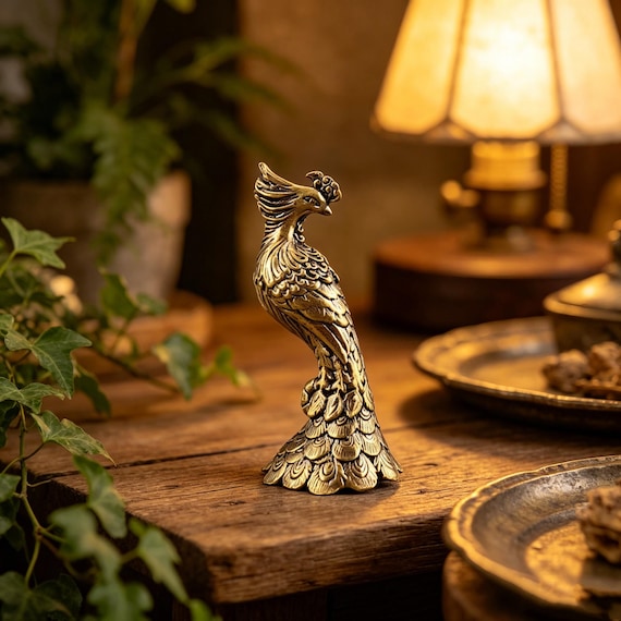 Brass Peacock Figurine, Mini Peacock Statue, Elegant Bird Decor, Brass Desk Ornament, Collectible Brass Sculpture, Lucky Gift