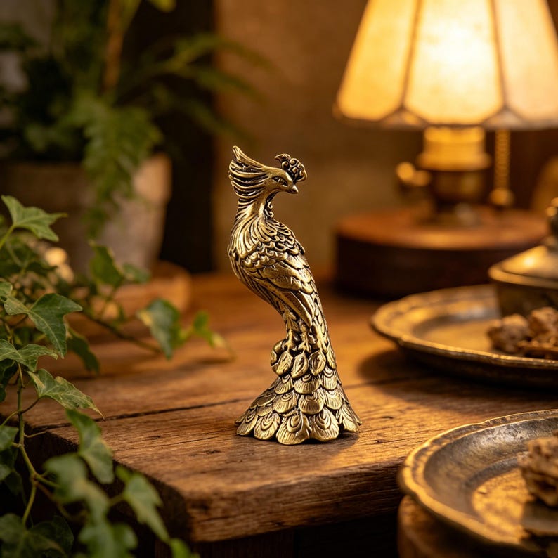 Puede incluir: Una figura de metal en tono dorado de un f&eacute;nix con detalles intrincados de plumas, un cuello curvado y una cola en abanico. La escultura presenta una superficie texturizada con patrones en relieve que representan el plumaje sobre una base.