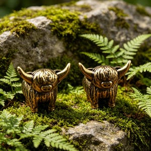 Könnte beinhalten: Zwei kleine, bronzefarbene Highland-Kuh-Figuren. Die Figuren haben eine detaillierte Fellstruktur und große Hörner. Sie stehen auf einem Bett aus grünem Moos und sind von Farnen umgeben.