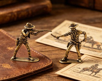 Miniature Brass Cowboy Soldier Set | Gunfighter Duel Scale Model | Metal Toy Soldier Collectible | Western Diorama Art | Curio Cabinet Decor