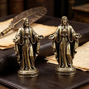 May include: Two bronze-colored statues of Jesus with outstretched arms, each standing on a decorative base. The statues have detailed robes and a heart emblem. A vintage feather quill and aged paper are in the background, suggesting a religious or historical theme.