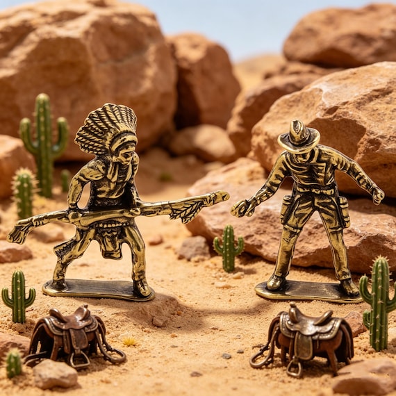 Small Antique Brass Miniature People | Wild West Cowboy Statue | Ancient Warrior Figurine | Unique Metal Collection | Artisan Statue