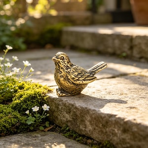 Könnte beinhalten: Eine kleine Vogelfigur aus massivem Messing mit detailliertem, strukturiertem Gefieder und einem spitzen Schnabel. Die metallische Oberfläche hat ein poliertes, goldbraunes Finish, das Licht reflektiert und definierte Flügel zeigt.