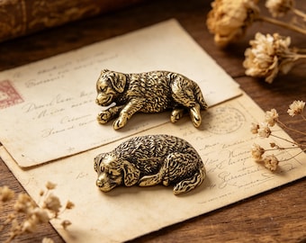 Cute Brass Golden Retriever Desk Pet | Miniature Sleeping Dog Mascot | Aesthetic Office Decor | Unique Birthday Gift for Dog Lovers | Art
