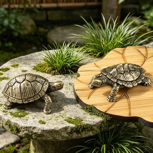 Op de afbeelding: Twee messingkleurige schildpadbeeldjes met gedetailleerde schildpatronen en gestructureerde ledematen. De ene schildpad staat op een stenen ondergrond, terwijl de andere rust op een lichtgekleurde houten plank in de vorm van een blad met nerven.