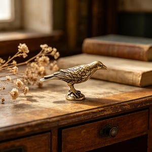 以下が含まれることがあります： 羽の質感が詳細に表現された真鍮製の鳥の置物。小さな丸い台座の上に置かれ、背景にはドライフラワーと古書が配置されています。この置物は装飾品です。