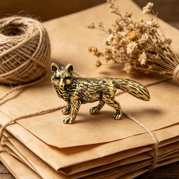 A tiny solid brass fox sculpture you can hold in your palm — the kind of hand-cast totem that feels ancient and intentional, not mass-produced.