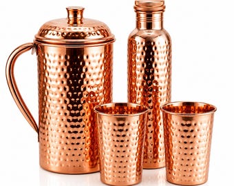 Handmade Pure Copper Jug 1500 ml, Bottle & Glass | Hammered Drinkware | Luxury Housewarming Gift