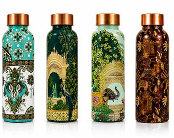 May include: Four cylindrical water bottles with metallic copper-colored caps. Each bottle features a distinct, intricate, and colorful pattern, including floral motifs, architectural arches, peacocks, and elephants on a variety of background colors.