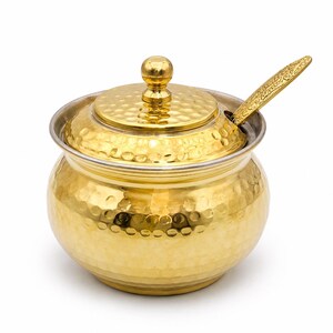 Ghee-Topf aus Messing mit Löffel, Fassungsvermögen 400–450 g Ghee, Butterdose mit Zinnbeschichtung, Geschenkidee für die indische Küche