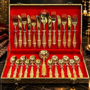 May include: A gold-toned cutlery set presented in a red velvet-lined case. The collection comprises forks, knives, and spoons with ornate, textured handles. A large serving spoon features a crown emblem on the bowl. The set is organised in two rows.