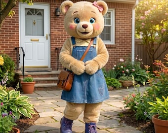 Cute Girl Teddy Bear Mascot Costume with Denim Overall Dress | Premium Plush Bear Character Suit for Birthday Parties, SchooL