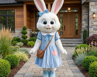 Handmade Bunny Mascot Costume – Blue Polka Dot Dress Character Suit
