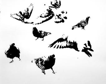 Serigrafía de una bandada de palomas