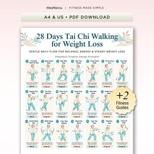 Puede incluir: Una guía digital imprimible titulada 28 Days Tai Chi Walking for Weight Loss, que presenta veintiuna ilustraciones numeradas de una persona realizando varios movimientos. El documento incluye instrucciones de texto y una insignia de +2 Fitness Guides.