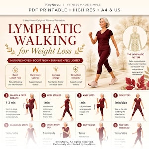 May include: A digital fitness guide titled LYMPHATIC WALKING for Weight Loss by HeyNovu. It features a person in maroon athletic wear demonstrating walking exercises, a diagram of the lymphatic system, and eight numbered steps with text instructions.