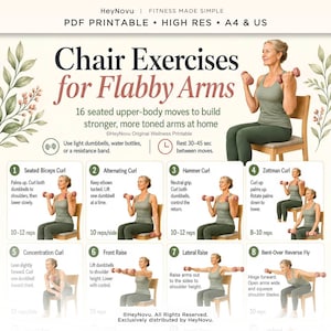 Peut inclure: Un guide PDF imprimable intitulé Chair Exercises for Flabby Arms présentant 16 exercices assis pour le haut du corps. Le document contient des illustrations d'une personne effectuant des mouvements avec des haltères légers.