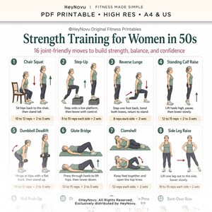May include: A digital fitness chart titled Strength Training for Women in 50s featuring 16 illustrated exercises. The layout includes numbered steps like Chair Squat, Step-Up, Reverse Lunge, and Glute Bridge with text instructions and rep counts.