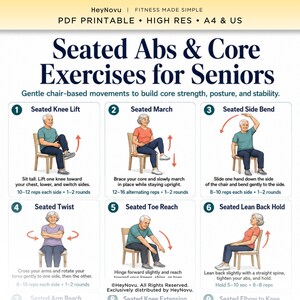 Puede incluir: Una guía PDF imprimible titulada Seated Abs & Core Exercises for Seniors, que presenta seis ejercicios ilustrados en silla. Cada ejercicio numerado incluye un dibujo de una persona en una silla, instrucciones descriptivas y conteo de repeticiones.