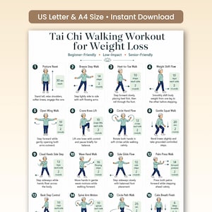 May include: A Tai Chi Walking Workout for Weight Loss instructional chart featuring sixteen numbered exercise steps with illustrations of a person in a teal shirt and blue pants, including text descriptions for each movement and repetition counts.