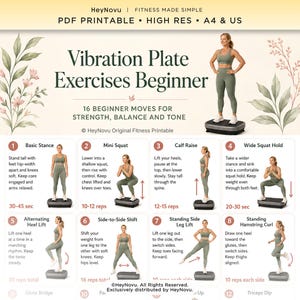 Pode incluir: Um guia PDF imprimível intitulado Vibration Plate Exercises Beginner da HeyNovu. Apresenta 16 exercícios de fitness para força, equilíbrio e tonificação, ilustrados por uma pessoa em roupa desportiva verde sálvia numa plataforma vibratória preta.