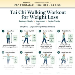 May include: A digital fitness printable titled Tai Chi Walking Workout for Weight Loss by HeyNovu. The document features eight numbered instructional panels with illustrations of a person demonstrating movements like Posture Reset and Crane Knee Lift.