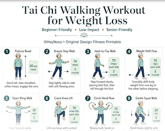 Tai Chi Walking Workout for Weight Loss Printable, Tai Chi for Seniors Chart PDF, Low Impact Exercise