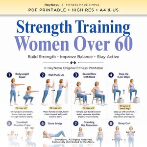 May include: A digital fitness guide titled Strength Training Women Over 60 featuring eight illustrated exercises including bodyweight squats, wall push-ups, seated rows, step-ups, shoulder presses, glute bridges, hip abductions, and bicep curls.